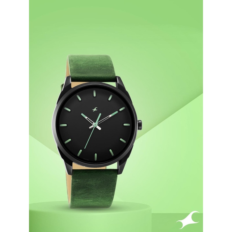 Fastrack Men Black Brass Dial & Green Leather Straps Analogue Watch 3273NL01