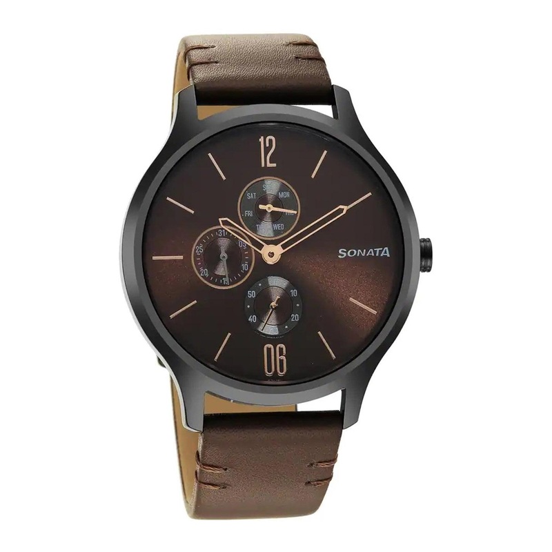 Sonata Men Round Dial & Leather Straps Analogue Watch 7140NL03