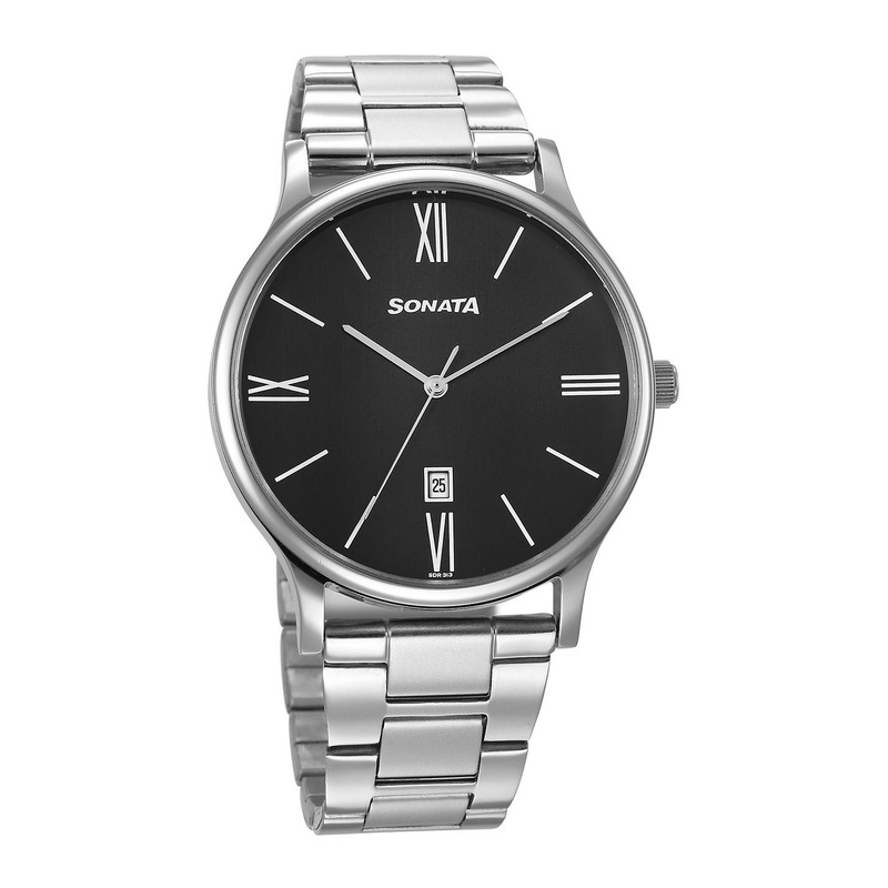 Sonata Men Brass Dial & Bracelet Style Straps Analogue Watch 77105SM21W