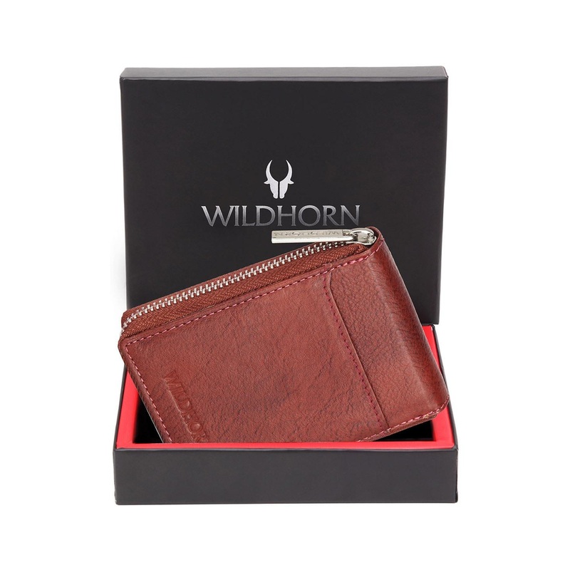 WildHorn Unisex Maroon Leather Zip Around Card Holder Wallet