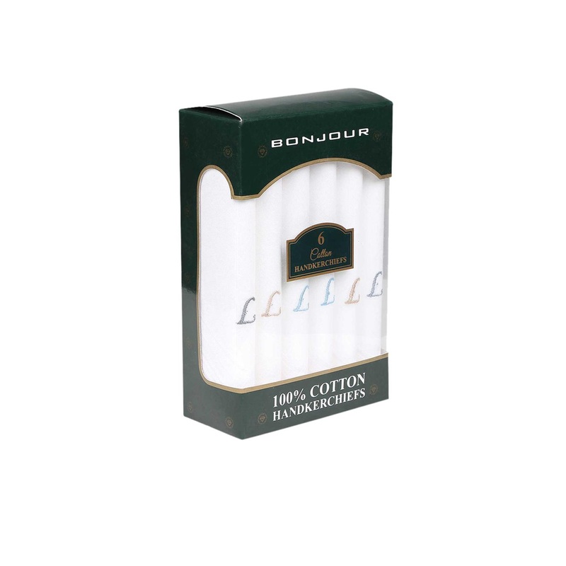 Bonjour Men Pack of 6 White Solid Pure Cotton Handkerchiefs with L Initials