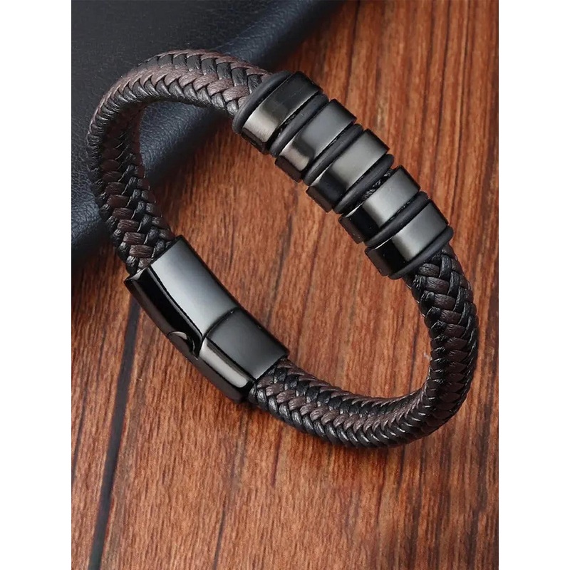 Fashion Frill Men Leather Rhodium-Plated Wraparound Bracelet