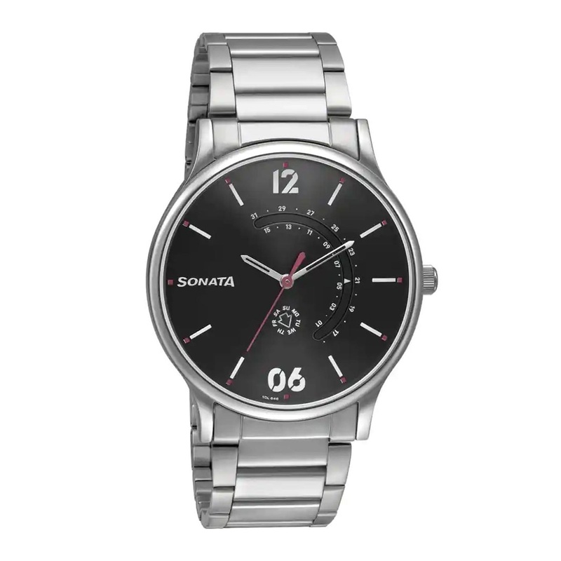 Sonata Men Patterned Dial & Stainless Steel Straps Analogue Watch 77105SM03