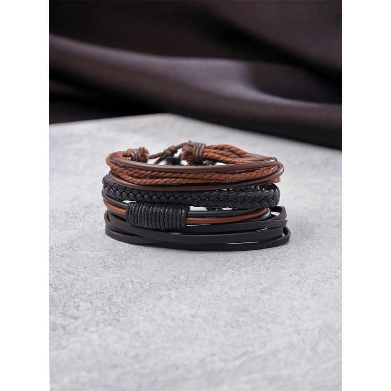 Yellow Chimes Men Set of 4 Leather Wraparound Bracelets