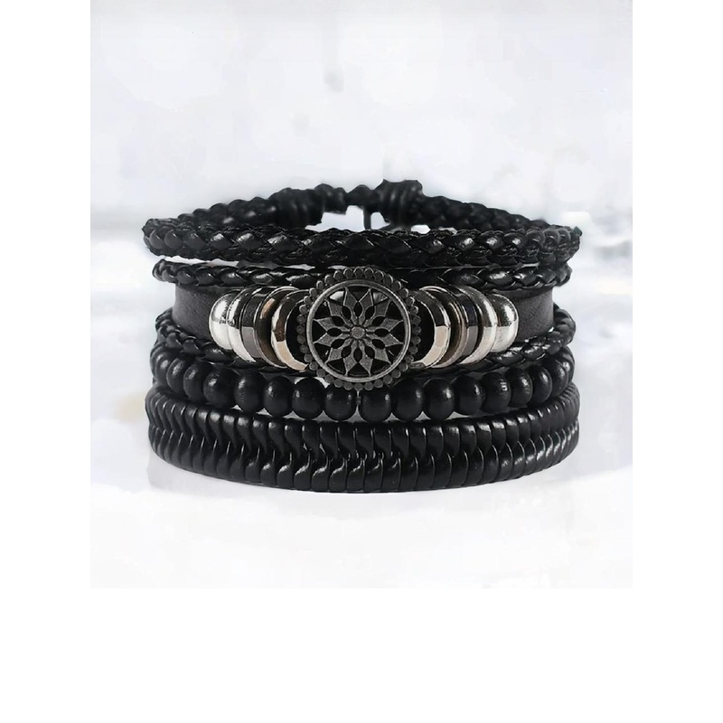 Black Oxidised Floral Wristband Leather Braclet For Men (pack of 4pcs)