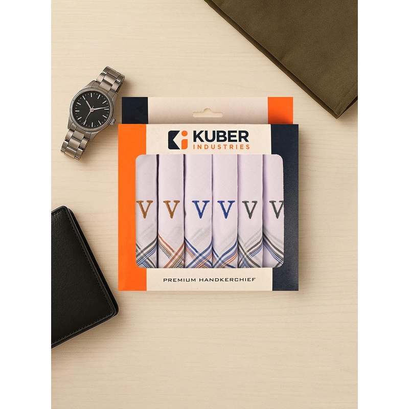 Kuber Industries 6 Pieces Monogram Letter V Embroidery Border Cotton Handkerchiefs