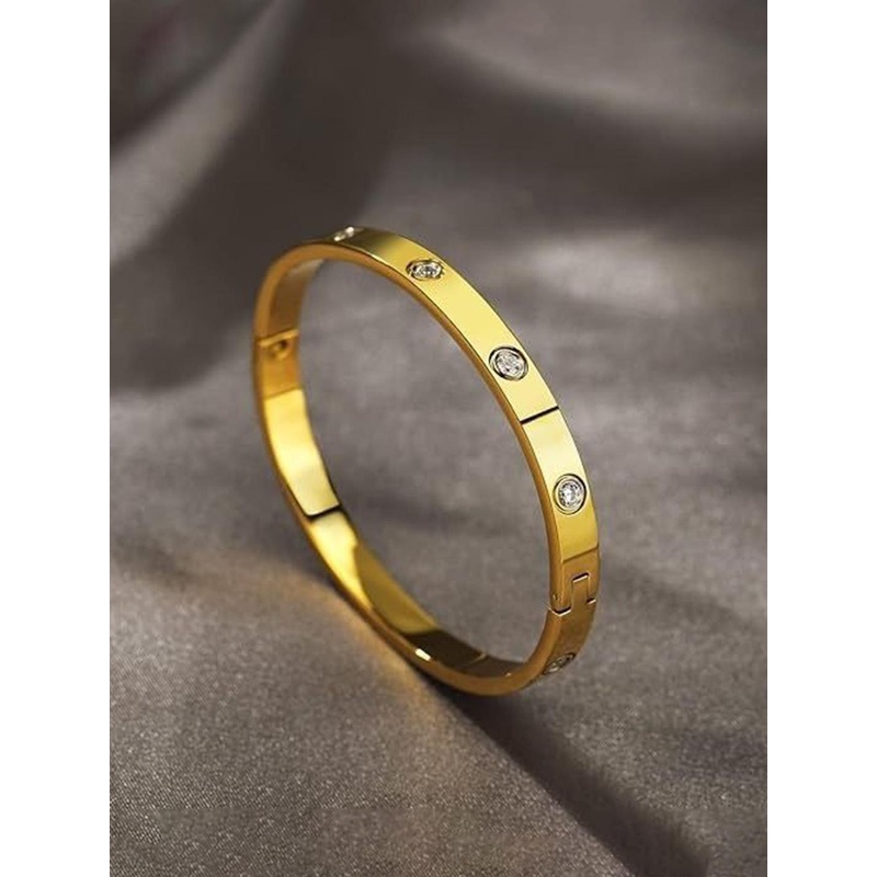 MEENAZ Men American Diamond Gold Plated Stainless Steel Kada Bracelet