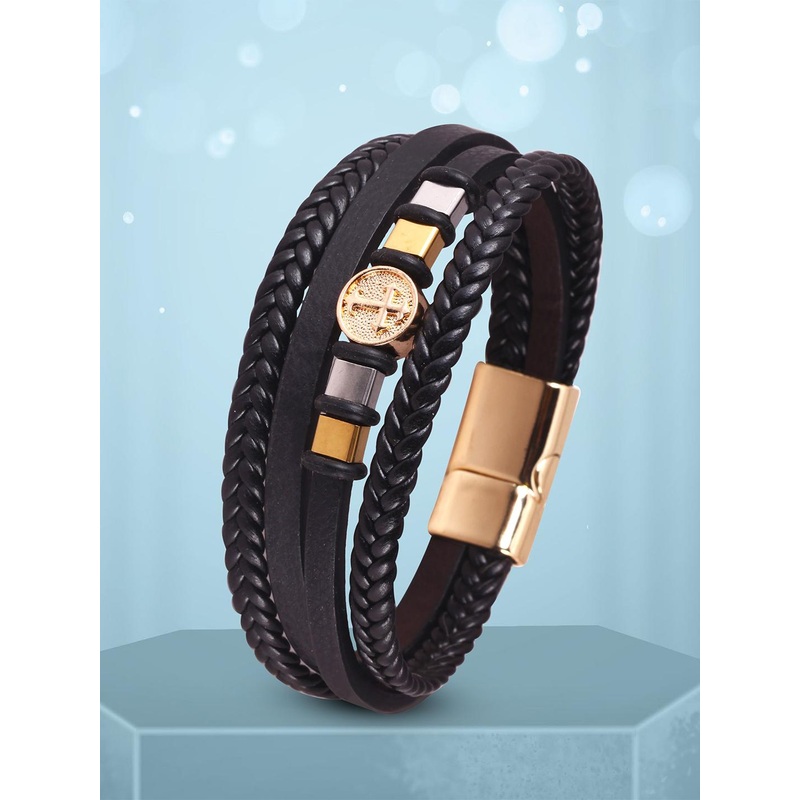 MEENAZ Men Gold-Plated Stainless Steel Leather Multistrand Bracelet