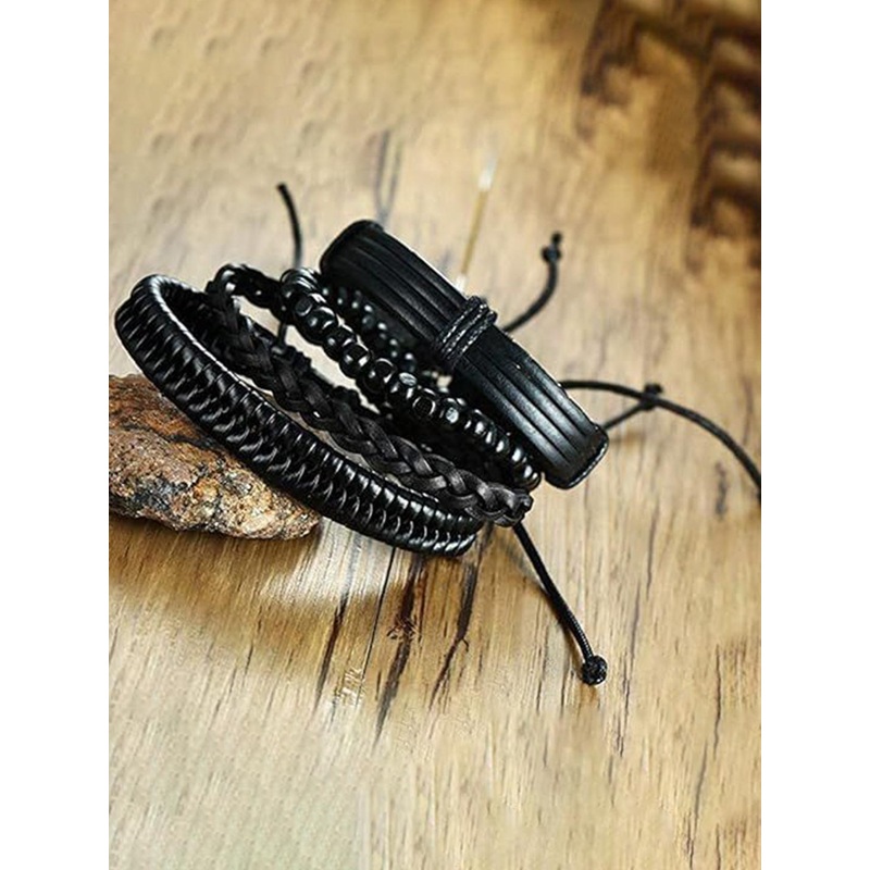 MEENAZ Men Set Of 4 Wraparound Leather Bracelet