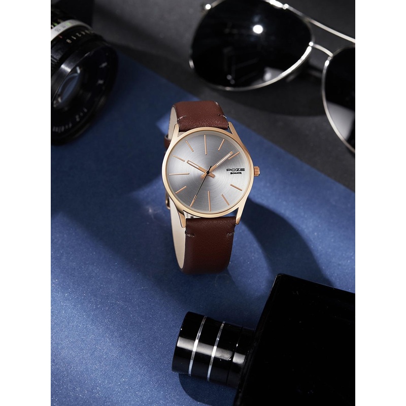 Sonata Poze Men Textured Dial & Leather Straps Analogue Watch SP70013WL01W