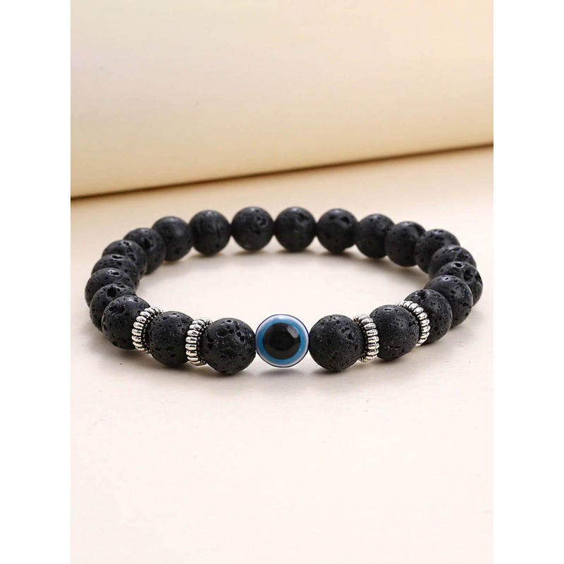 Yellow Chimes Men Black Beaded With Evil Eye Stone Stretchable Bracelet