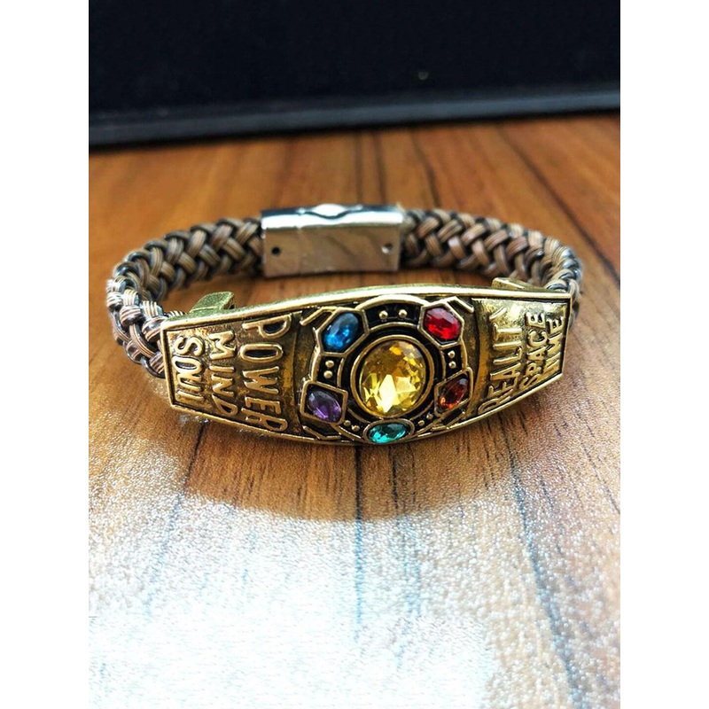 Yellow Chimes Men Brown & Gold-Toned Crystal Leather Avengers Infinity Bracelet