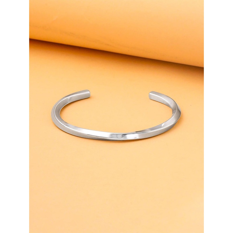 Yellow Chimes Men Rhodium Plated Twisted Stainless Steel Open Kada Bracelet