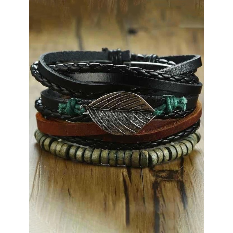 MEENAZ Men Set Of 3 Wraparound Leather Bracelet