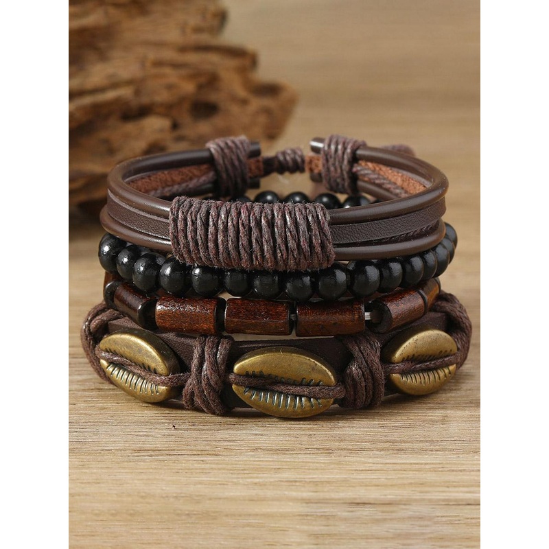 MEENAZ Men Set Of 4 Artificial Beaded Wraparound Leather Bracelet