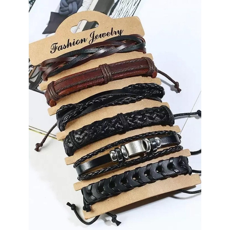 OOMPH Men Set Of 6 Leather Wraparound Bracelet