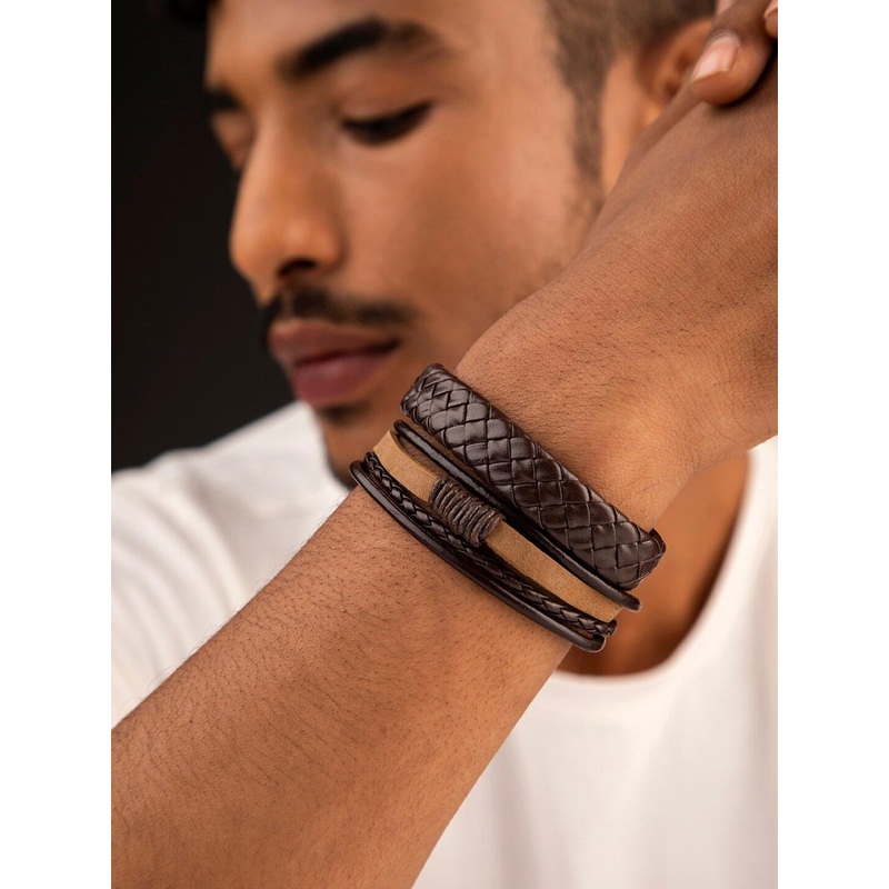 The Roadster Lifestyle Co Men 2 Brown Leather Handcrafted Multistrand Bracelet