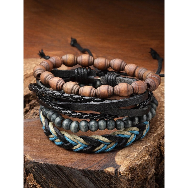 VOGUE PANASH Men Set of 4 Leather Multistrand Wraparound Bracelet