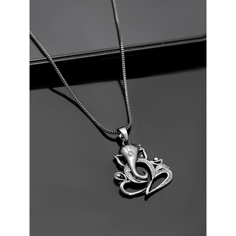 Voylla Men Rhodium Plated Lord Ganesha Pendant With Chain