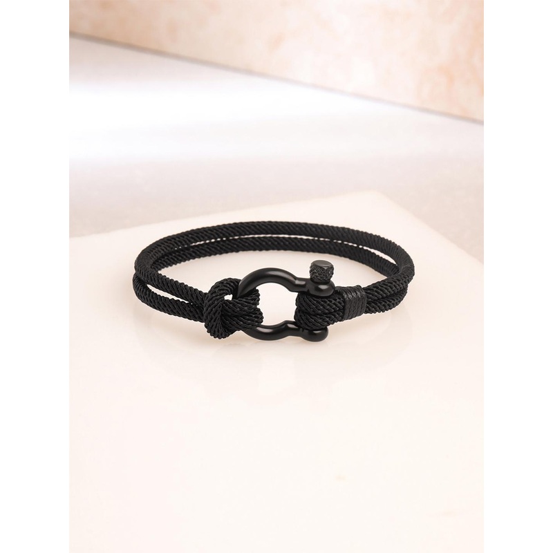 Yellow Chimes Men Black Leather Rope Design Bracelet