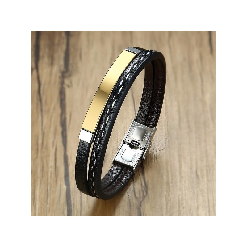 ZIVOM Men Leather Gold-Plated Cuff Bracelet