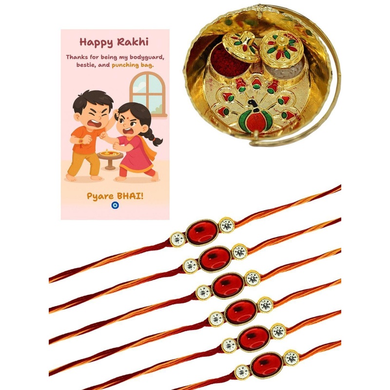 Anouk Set Of 6 Stones Studded Thread Rakhis With Card & Pooja Thali