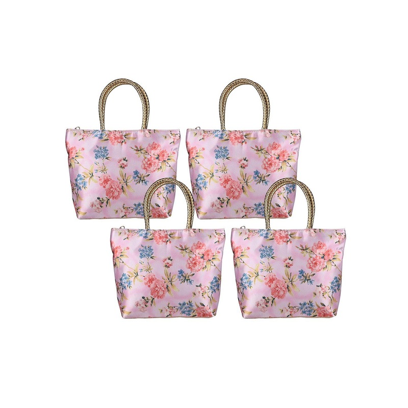 Kuber Industries 4-Pcs Floral Printed Silk Handle & 1 Outer Zip Pocket Small Handbags