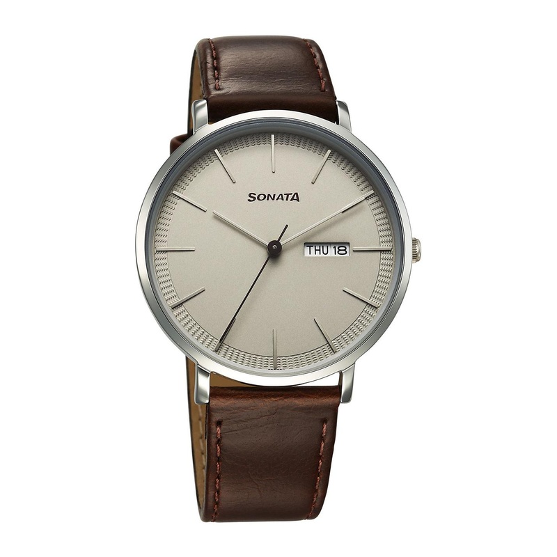 Sonata Men Brass Dial & Leather Straps Watch 77150SL05