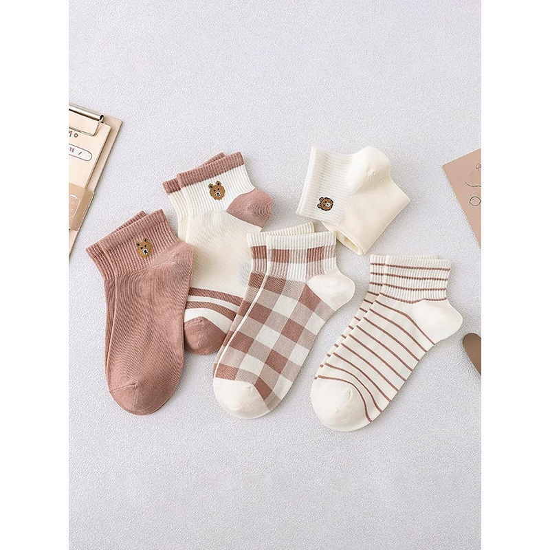 YOUSTYLO Women Pack Of 5 Self-Designed Cotton Ankle-Length Socks