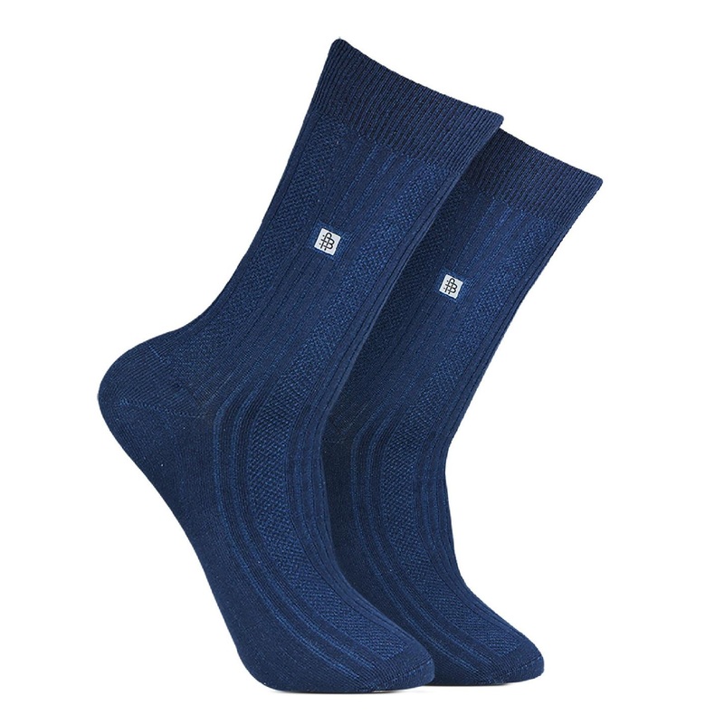 Bonjour Men Navy Blue Ribbed Calf Length Formal Socks