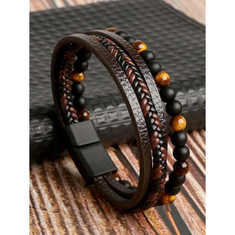 Fashion Frill Men Brown & Yellow Leather Wraparound Bracelet