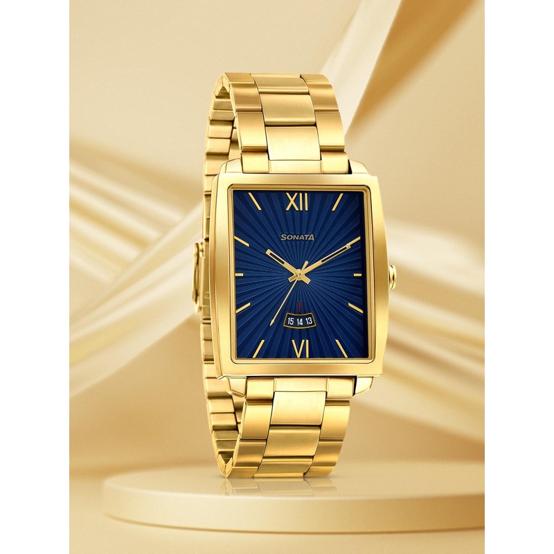 Sonata Men Blue & Gold-Toned Analogue Watch 7143YM01