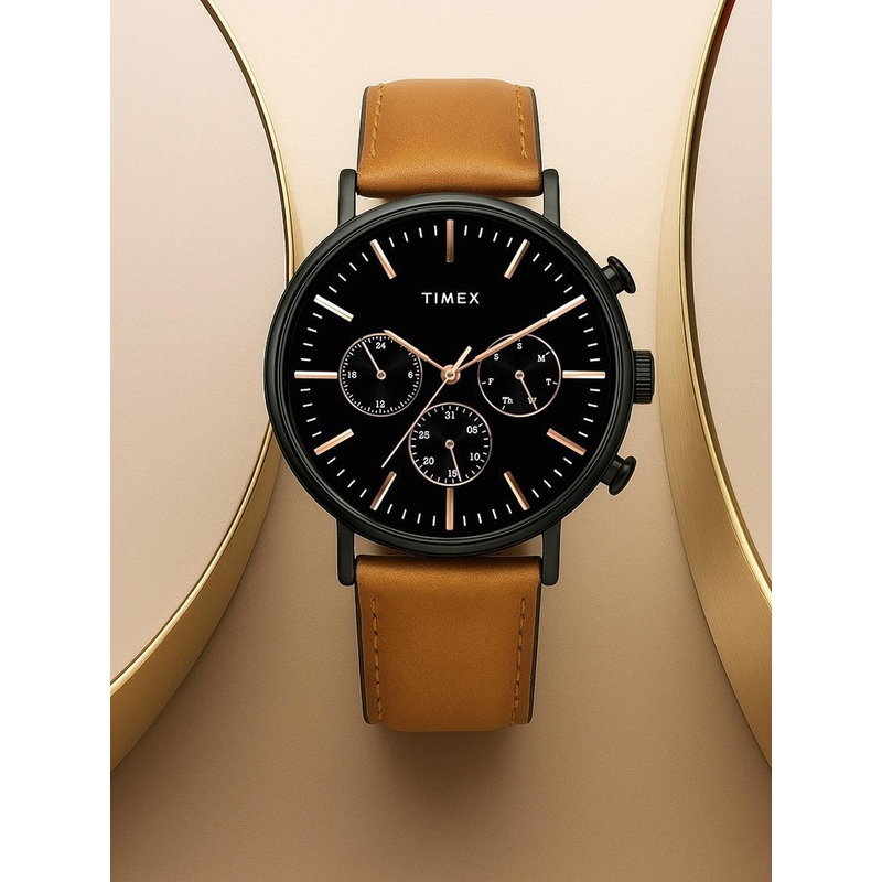 Timex Men Black Brass Dial & Brown Leather Straps Analogue Watch TWEG20006
