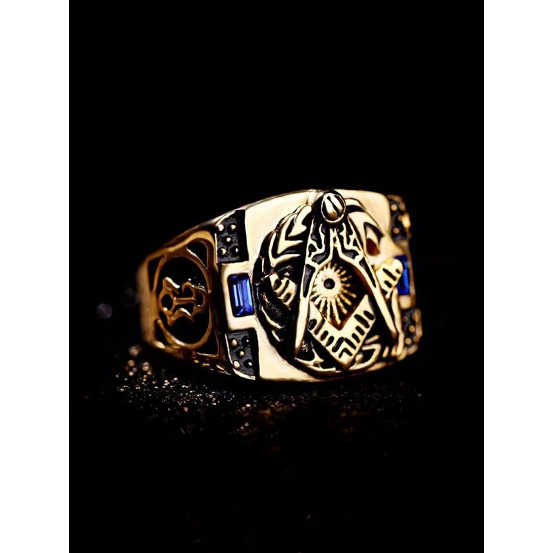 Yellow Chimes Men Gold-Plated & Blue Antique AG Masonic Logo Finger Ring
