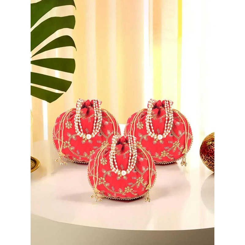 Kuber Industries 3 Pcs Polyester Potli Bags for Women Embroidered Potli Clutch