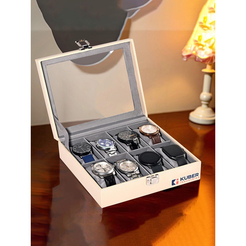 Kuber Industries Men 8 Slots cream Faux Leather watch box organiser storage for drawer