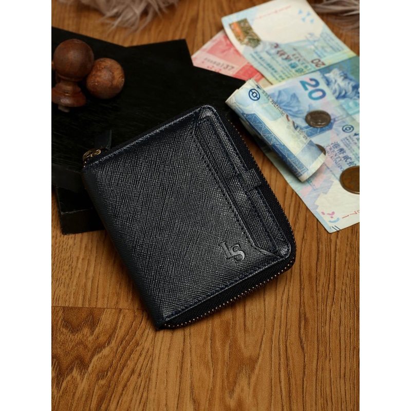 Louis Stitch Blue Saffiano Leather Two Fold Men’s Zipper Wallet Purse