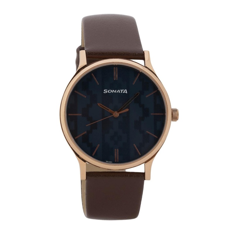 Sonata Men Printed Dial & Leather Straps Analogue Watch- 77105WL01