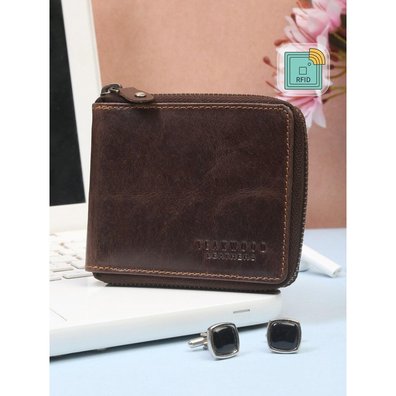 Teakwood Leathers Men Brown Leather Solid Zip Around Wallet with RFID features