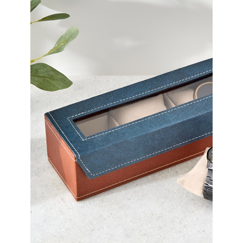 Home Centre Brown & Blue Faux Leather 3 Slots Wrist Watch Organiser Box