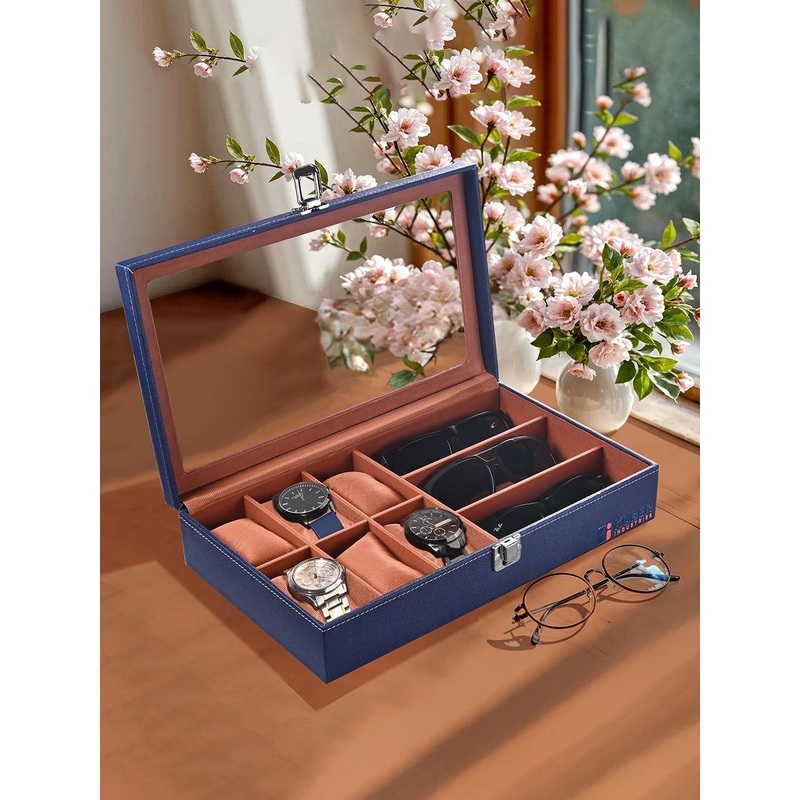 Kuber Industries 6+3 Slots Navy Blue Premium Faux Leather Wrist Watch Organiser watch box