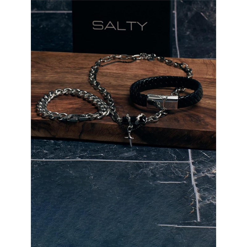 SALTY Men Stainless Steel Crucible Cross Layered Chain And Bracelet Set