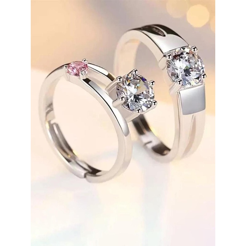 Zoey Unisex Set Of 2 Rhodium-Plated Cubic Zirconia-Studded Adjustable Couple Rings