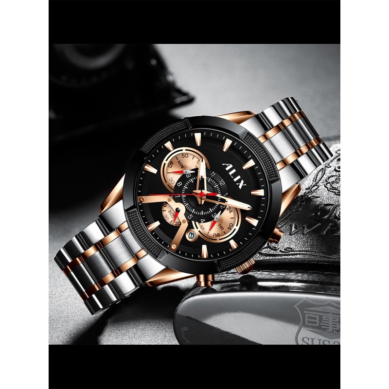 ALIX Men Brass Patterned Dial & Stainless Steel Bracelet Style Straps Analogue Chronograph Watch AL3012S