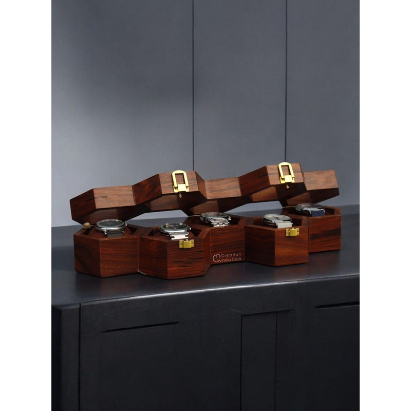 Creation India Craft Brown Wooden 5-Slot Vintage Watch Box
