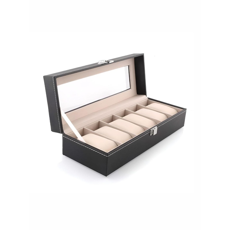 KriShyam Black 6 Slot Pillow Case Watch Organizer With Framed Glass Lid