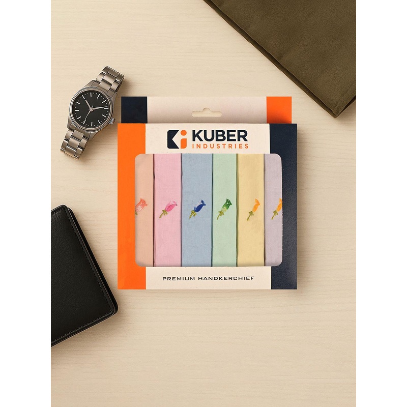 Kuber Industries 6-Pcs Embroidery Pure Cotton Handkerchiefs