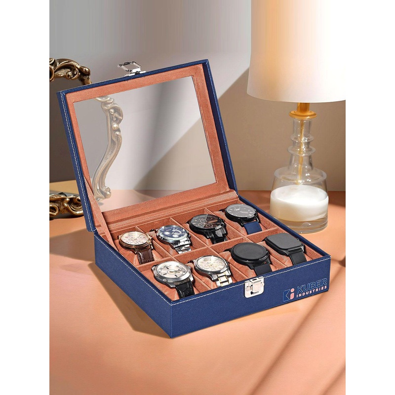 Kuber Industries 8 Slots Navy Blue Premium Faux Leather Wrist Watch Organisers watch box