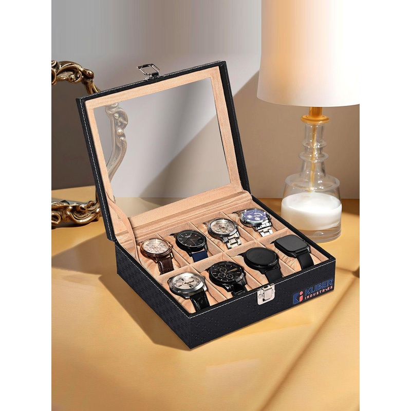 Kuber Industries Men 8 Slots Black Faux Leather Watch Organiser Storage box