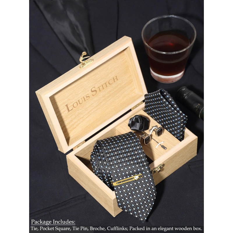 LOUIS STITCH Men Geometric Self Design Italian Silk Necktie Accessory Gift Set